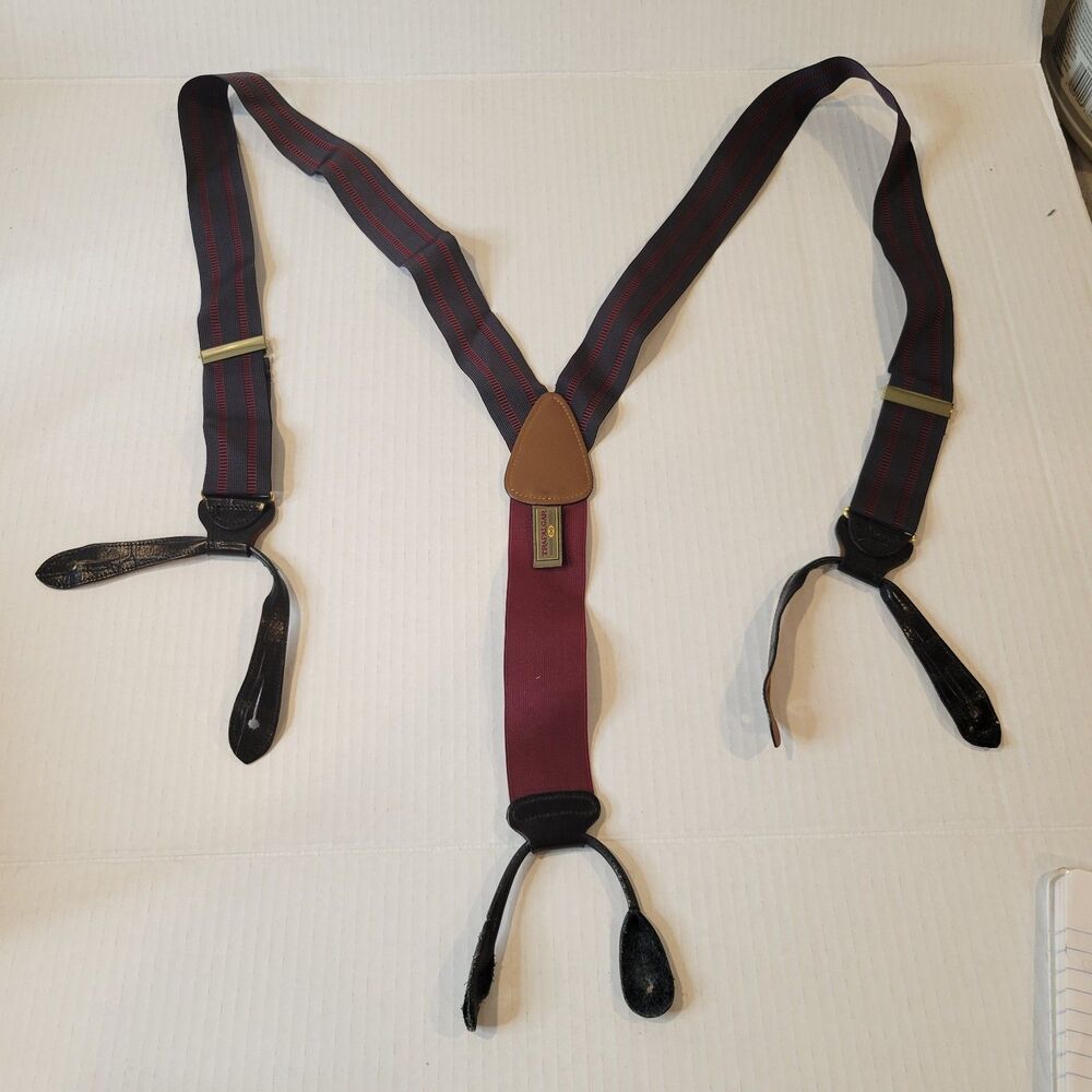 Trafalgar Maroon Gray Suspenders Braces Leather Fittings Brass Hardware